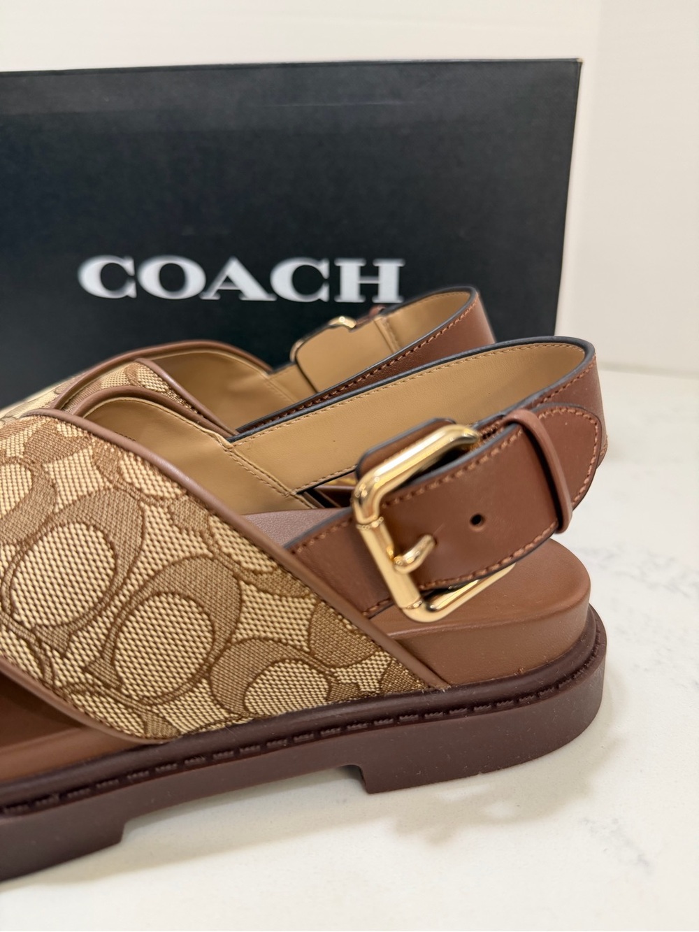 Coach Khaki Signature Canvas & Brown Leather Cross-Strap Sandals - Picture 5 of 14